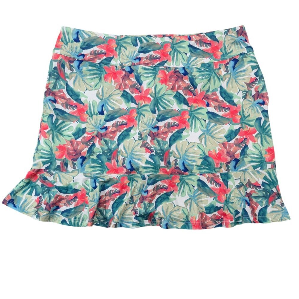 EMERALD 18 Tropical Leaf Skort M Ruffle Hem Built-In Shorts Tennis Pickleball